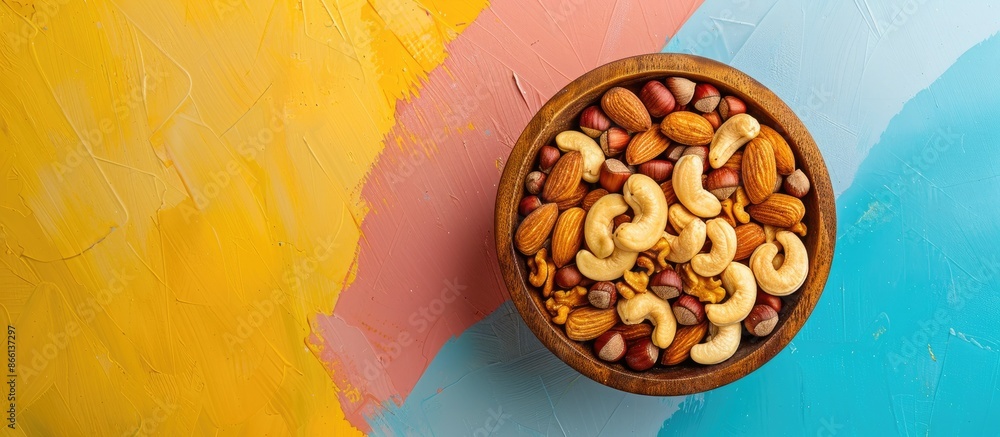 Poster top view of a wooden bowl on a colorful table filled with a variety of nuts like cashews, hazelnuts,