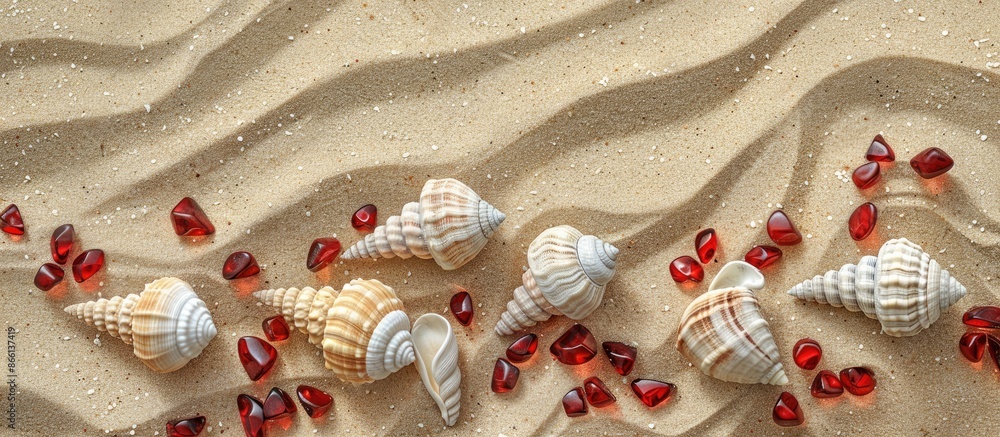 Poster A summer-themed backdrop with white cone shells and red glass pebbles on a sandy surface, ideal for a copy space image.
