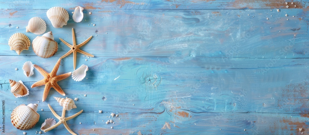 Poster a flat lay image with seashells and a starfish on a blue wooden surface, providing a top view and sp