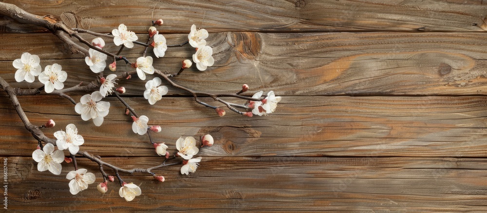 Poster Apricot tree branch in bloom against a wooden backdrop with a clear copy space image.
