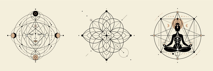 Set sacred geometry logo. Black line art with thin line on light isolated background. Meditative Face, Floral, Meditating Figure