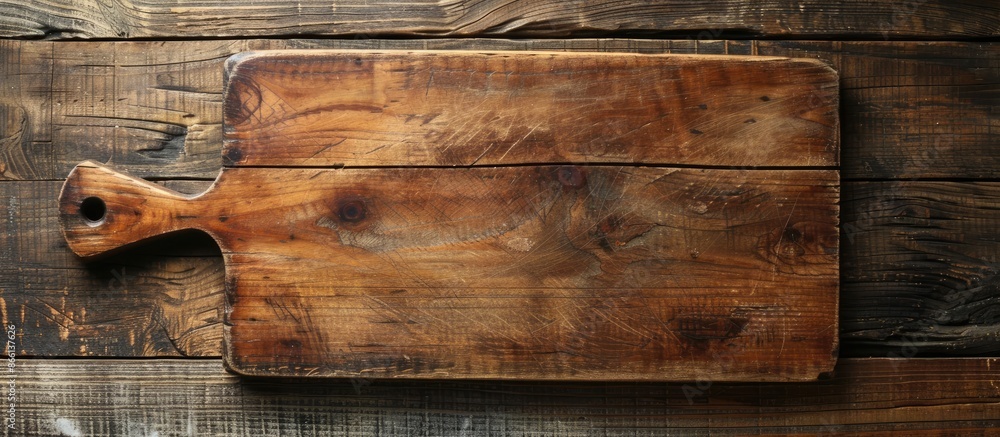 Aufkleber Aged cutting board rests on a rustic wooden table, seen from above with empty space for text or design in the image. copy space available