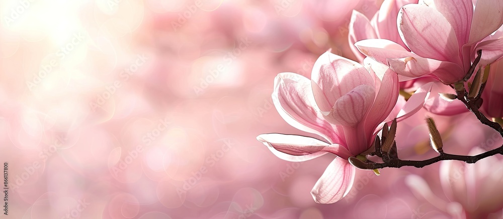 Aufkleber magnolia blossom on branch with soft pink petals set against a bright spring garden backdrop with co