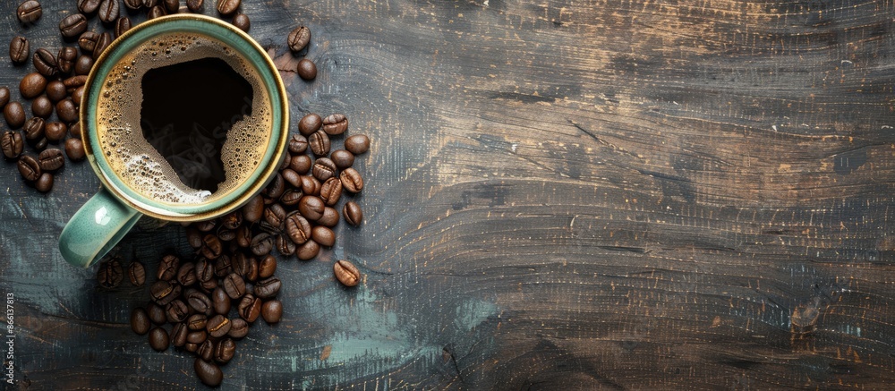 Aufkleber Top view of coffee cup and beans on rustic table with copyspace image.