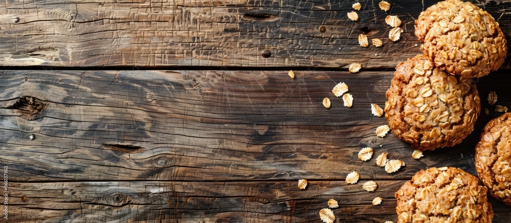 Poster Cookies made with oats displayed on a rustic wooden table with copy space image availability.