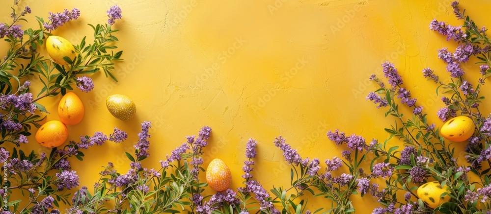 Poster Easter-themed backdrop in yellow with lavender blooms. Ample copy space image included.