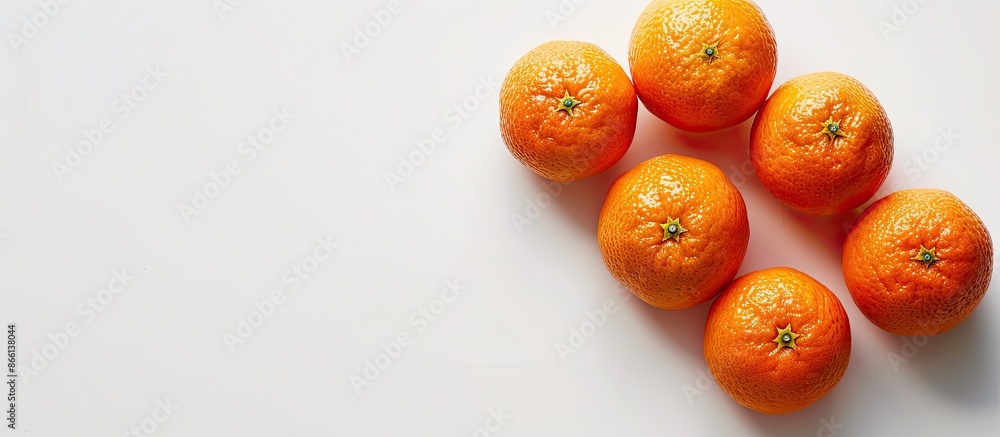 Poster Top view image of four ripe mandarins isolated on white background with space for text, perfect for fruit and agriculture concepts. copy space available