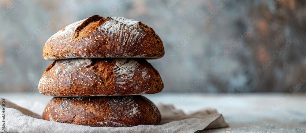 Poster Two rye bread loaves stacked on a table in a front view with copy space image.