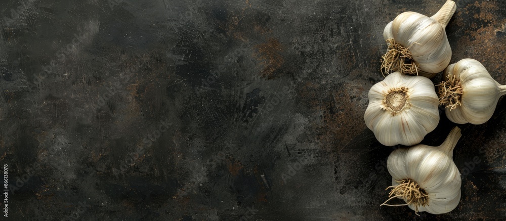 Aufkleber Garlic bulbs are displayed on a dark background with room for text on the right side in the copy space image.