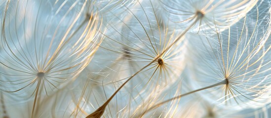 Close-up view of dandelion seeds against a copy space image.