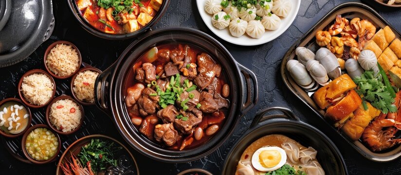 Discover diverse Taiwanese braised foods with marinated meats, veggies, tofu, and seafood  showcasing rich flavors through a captivating copy space image.