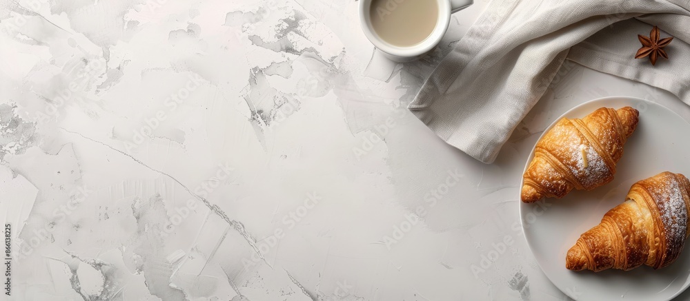 Poster top view of a white table with a croissant, coffee cup, and lots of empty space for additional image