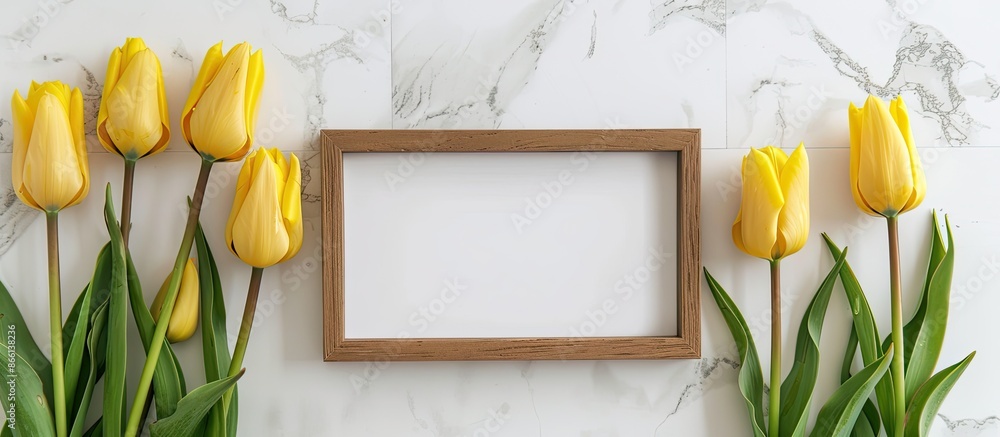 Poster copy space image featuring yellow tulips displayed with a white marble background and a blank pictur