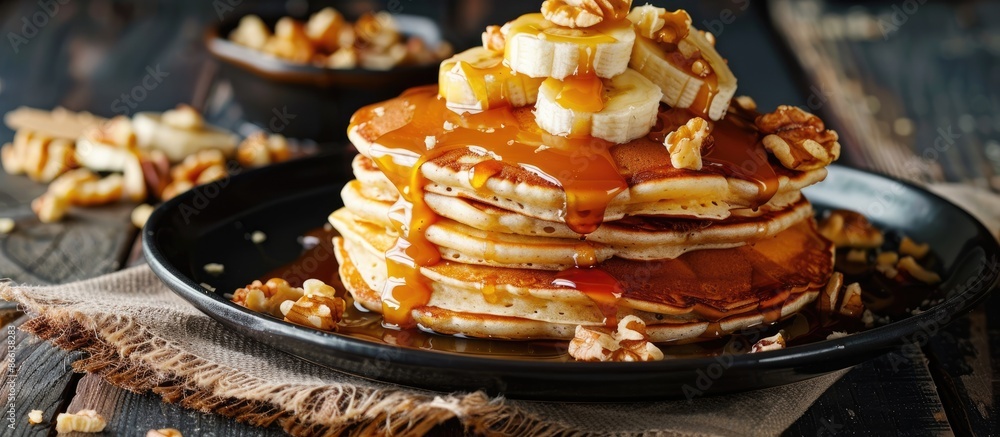Poster a tempting breakfast scene: fluffy homemade pancakes topped with banana, walnut, and caramel on a da