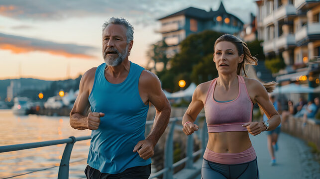Middle-aged couple jogging along a scenic waterfront promenade at dawn.
