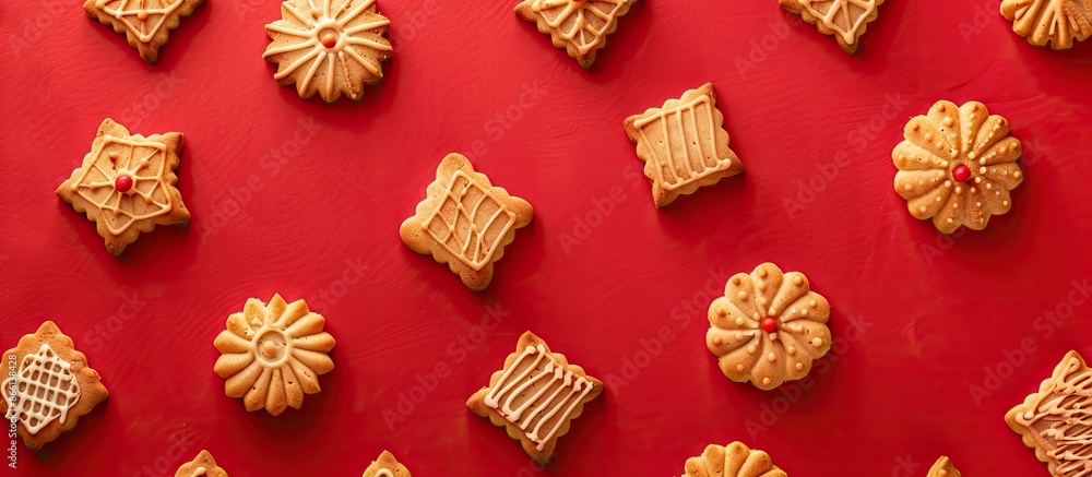 Poster Top view closeup of patterned cookies on a red tablecloth with copy space image for background or seamless template.