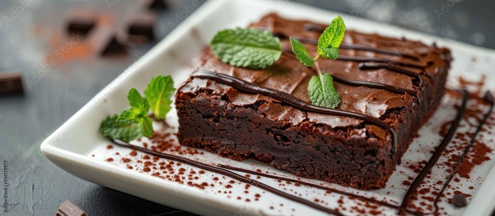 Poster a tempting chocolate brownie with a delightful presentation, perfect for a copy space image.