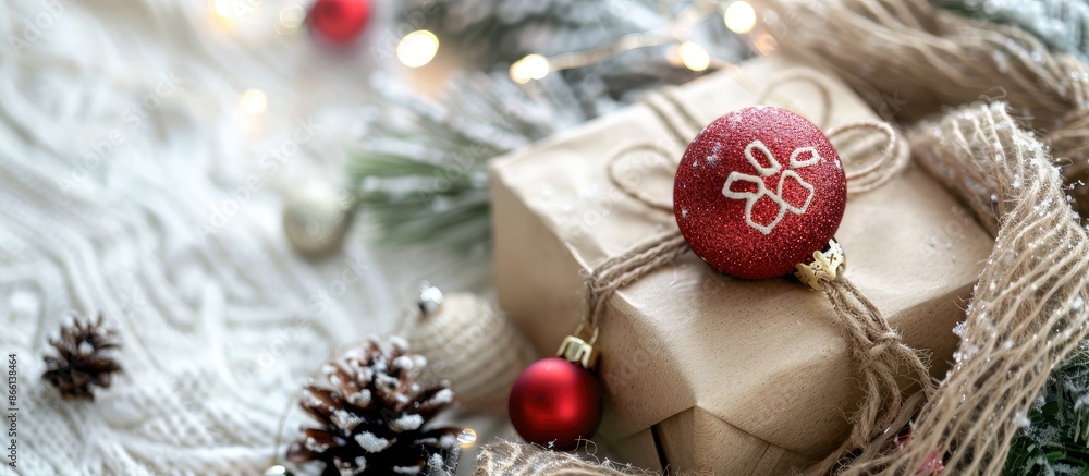 Poster selective focus of a christmas gift box on a white backdrop with decorative elements, providing ampl