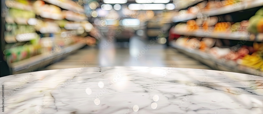 Aufkleber Marble top table with copy space image amid a blurred supermarket backdrop.