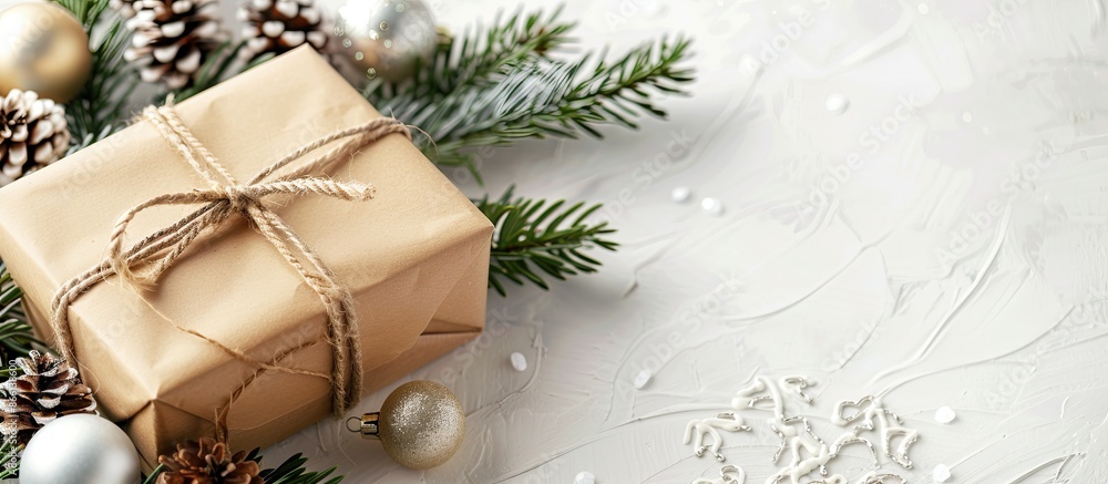 Poster selective focus of a christmas gift box on a white backdrop with decorative elements, providing ampl