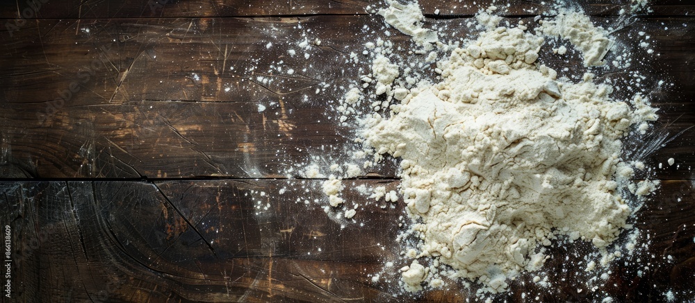 Poster Close-up view of flour on a rustic wooden table with space for text or images. copy space available