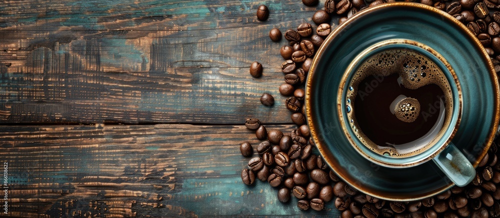 Poster Top view of coffee cup and beans on rustic table with copyspace image.