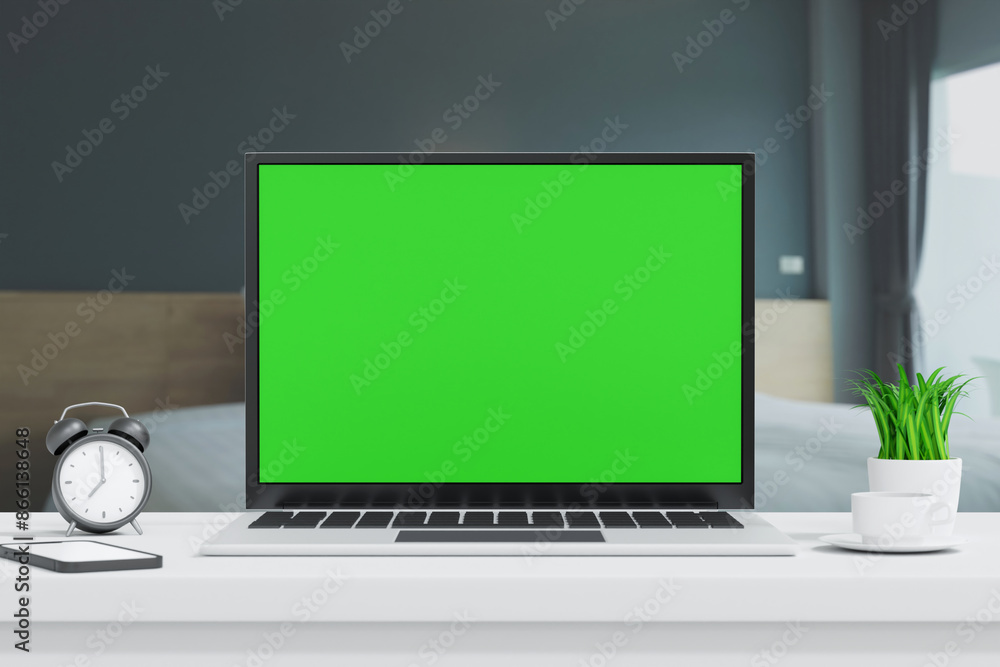 Wall mural laptop open to show green screen close up display in bedroom, application website present, 3d render