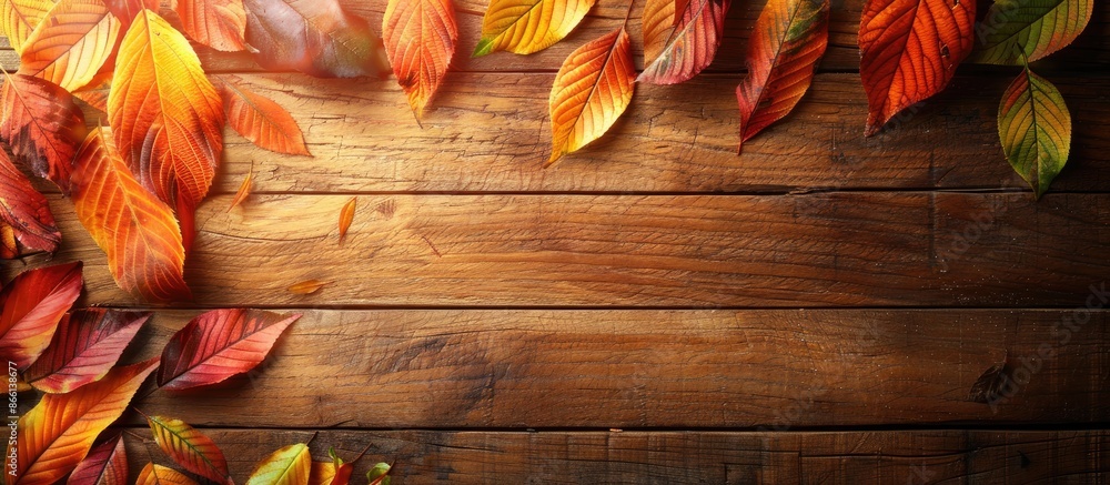 Poster fall foliage on a bright wooden backdrop with copy space image.