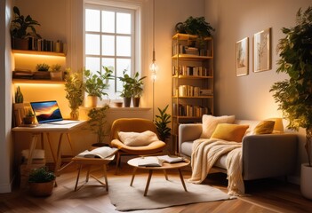 Fototapeta premium warm inviting reading corner laptop soft illumination, nook, cozy, lighting, comfortable, cushions, relaxing, ambiance, interior, design, decor, home