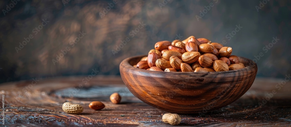 Poster selective focus applied to peanuts in a wooden dish creates a captivating copy space image.