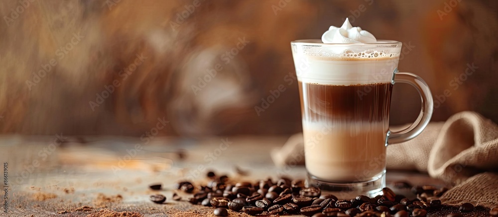 Poster cappuccino served in an elegant glass with ample copy space image.