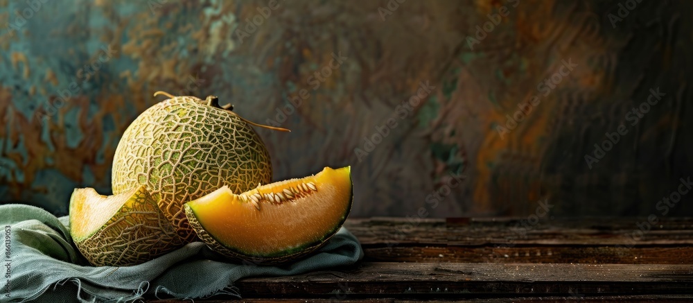 Poster Sweet ripe melon displayed on a table with copy space image.