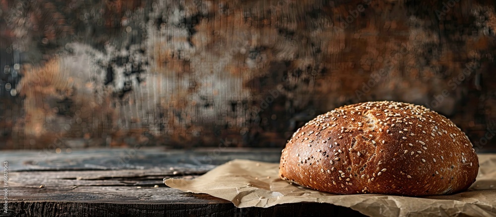 Poster horizontal image of a rustic homemade buckwheat bread on kraft paper against a dark old wooden backd