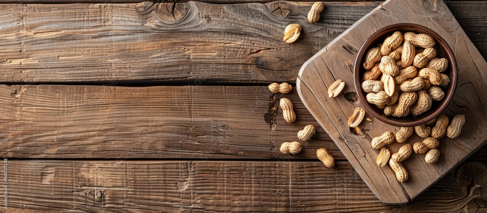 Poster An overhead shot of a peanut in a bowl placed on a cutting board on a wooden table with copy space image.