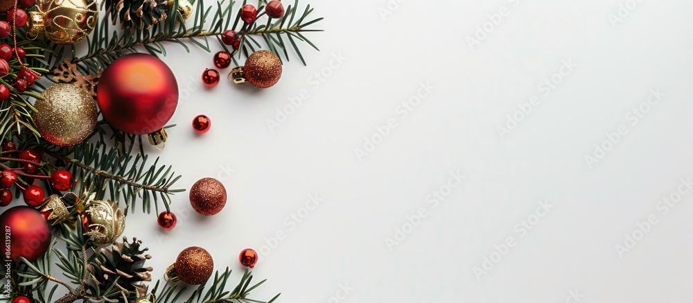 Poster Christmas themed image with ornaments and decorations set against a blank white backdrop with ample space for additional content or text, commonly referred to as copy space image.