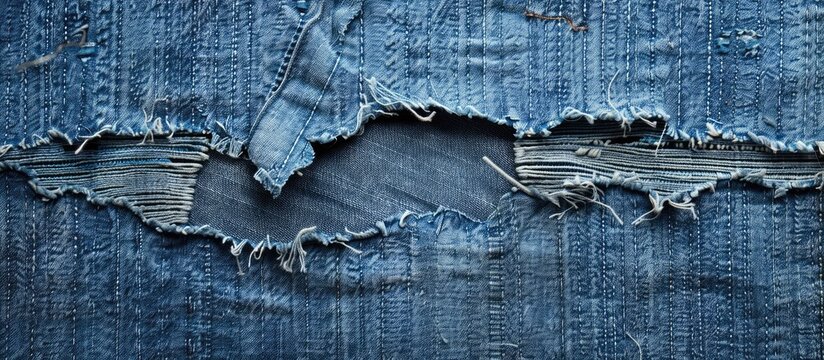 Close up blue jeans texture with a ripped, destroyed, torn denim background featuring a hole and threads, ideal for a copy space image.