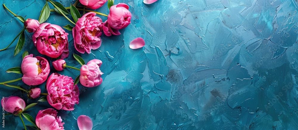 Aufkleber top view of fresh pink peonies on a blue tabletop with a blank area for text in the image. copy spac
