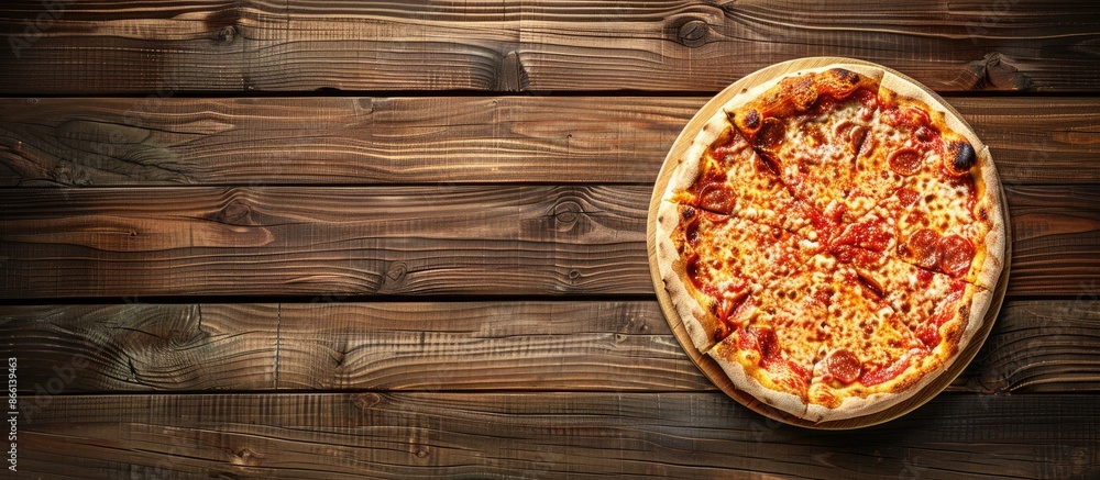 Aufkleber Top-down view image of Pizza Margherita on a wooden background with copy space included, ideal for positioning text or graphics.
