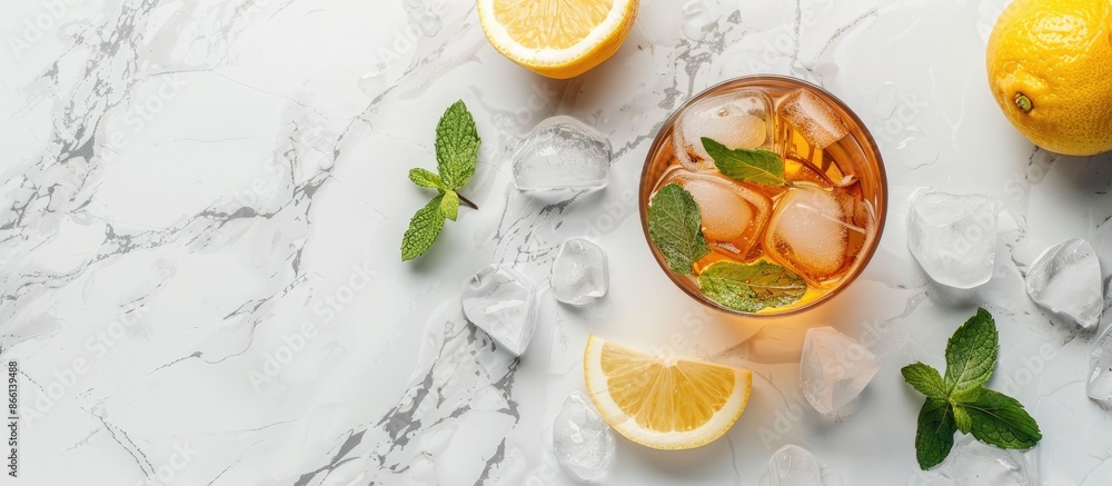 Poster marble table with a glass of iced tea garnished with mint and lemon, representing a refreshing cold 