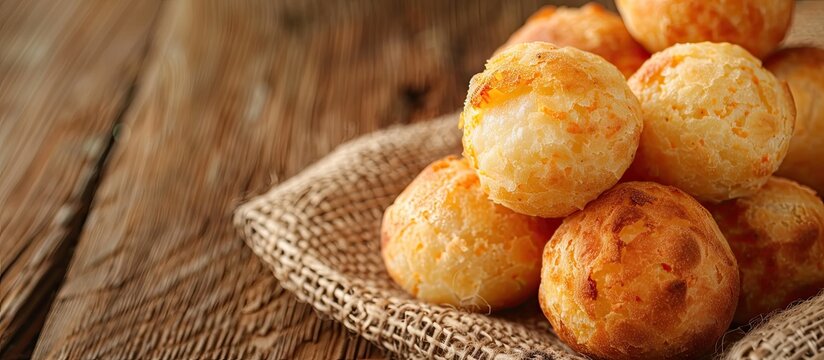 Brazilian snack, cheese bread (pao de queijo), on rustic sackcloth placed on a wooden table with selective focus for a copy space image.