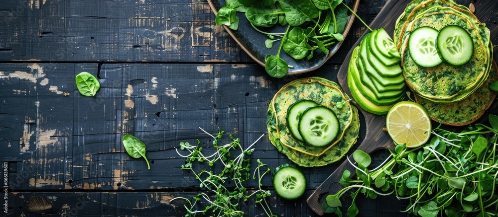 Poster Spinach pancakes with cucumber, avocado, and greens displayed on a dark wooden surface from a top view orientation, allowing for copy space image inclusion.