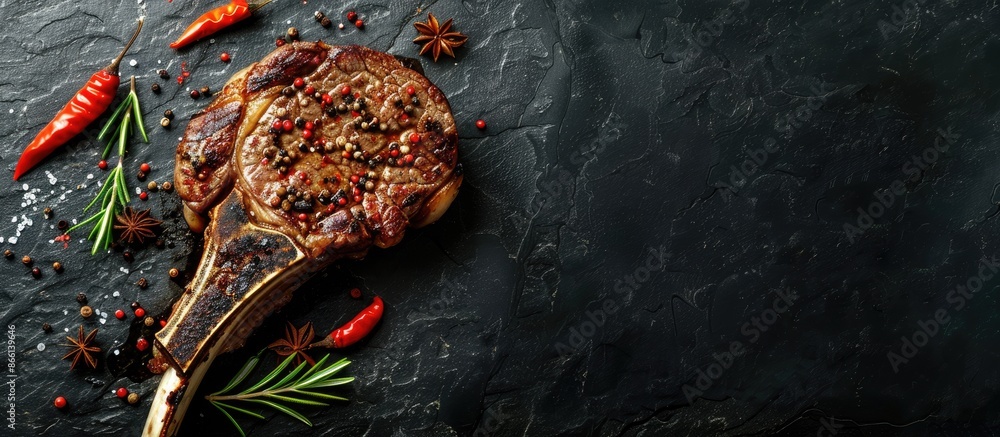 Poster Tomahawk beef steak with spices on a stone background, allowing room for text in the image. copy space available