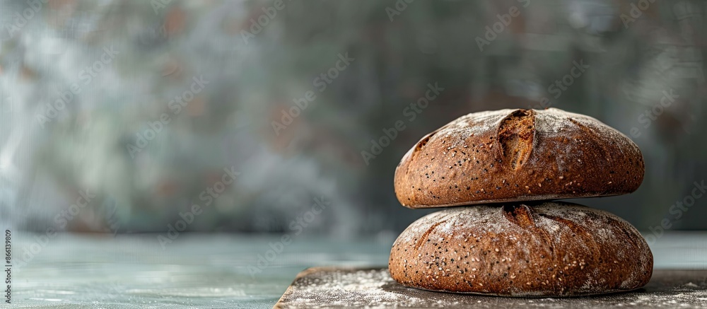 Poster Two rye bread loaves stacked on a table in a front view with copy space image.