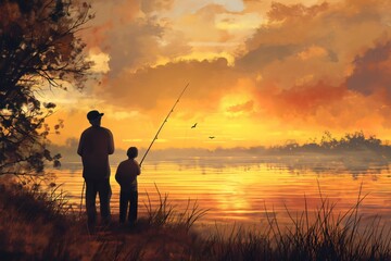 Father and son are fishing by the lake at sunset, enjoying the dramatic sky and peaceful moment together