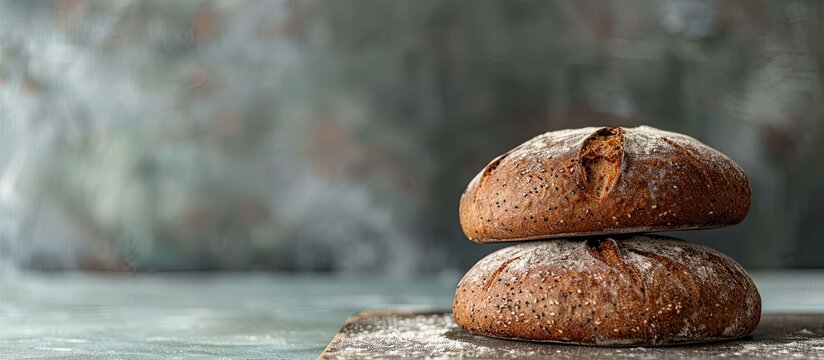 Two rye bread loaves stacked on a table in a front view with copy space image.