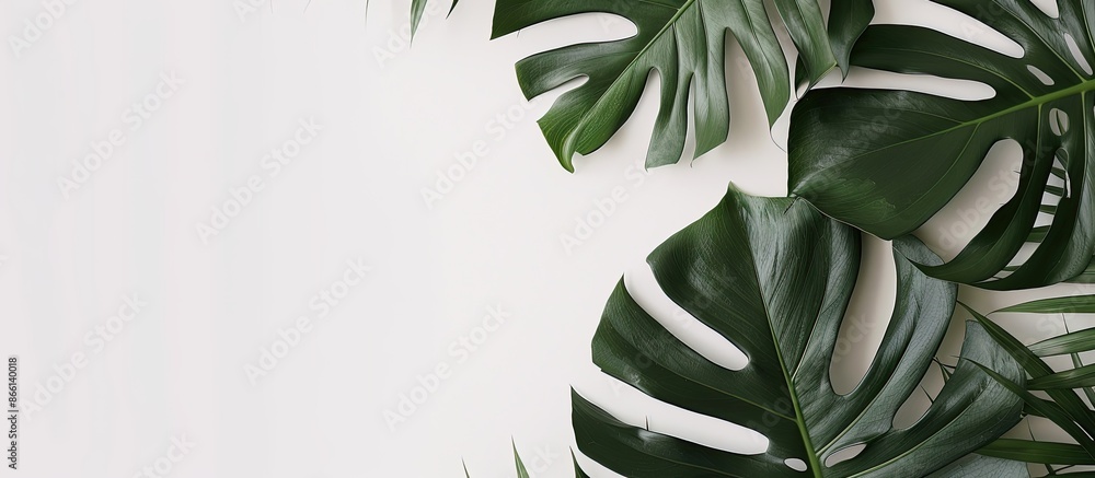 Sticker Tropical monstera leaf arrangement framed in white against a light grey backdrop in a studio copy space image. Ample room for adding text.