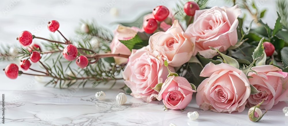 Aufkleber pink roses and decorations with a spring holiday theme on a white marble backdrop create an appealin