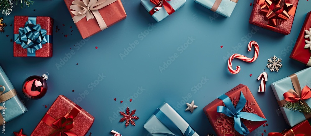 Aufkleber Various presents with ribbons on a backdrop of blue with an unoccupied area for inserting an image. copy space available