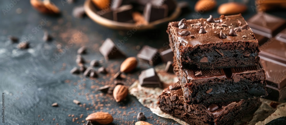 Poster a tempting chocolate brownie with a delightful presentation, perfect for a copy space image.