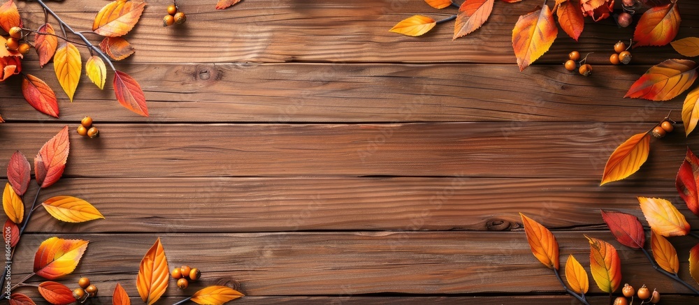 Poster Wooden background with autumn leaves creating a cozy setting for a copy space image